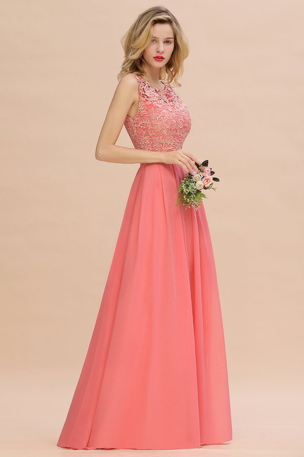 Long Bateau Sleeveless A-Line Ruffles Floor Length Chiffon Bridesmaid Dress