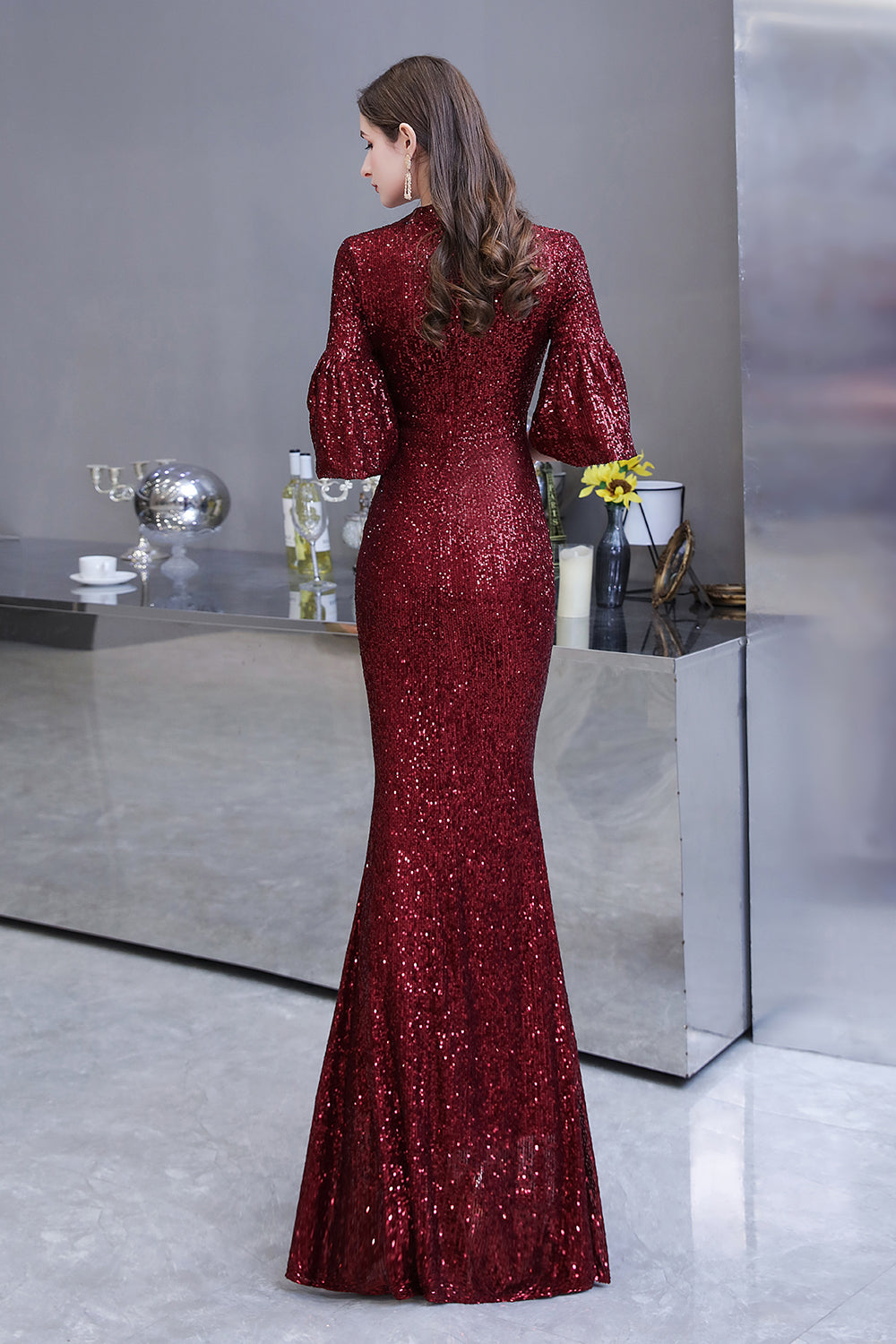 Burgundy Mermaid Sequins Long Formal Evening Dresses with Sleeves