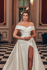 Sexy Ivory Mermaid Off the Shoulder Satin Long Wedding Dress with Split