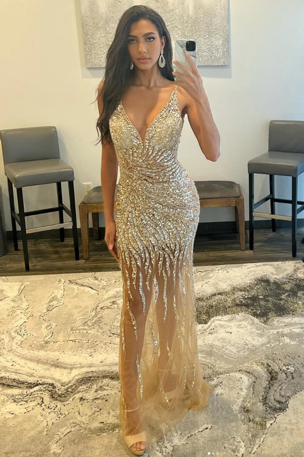 Long Mermaid Tulle Spaghetti Straps V-Ncek Backless Prom Dress