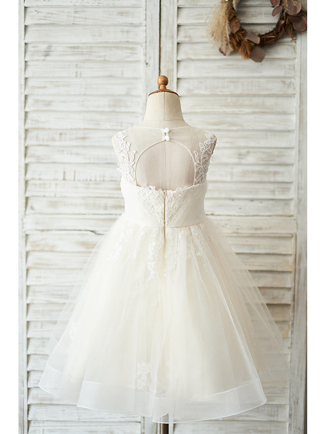 Ball Gown Knee Length Tulle Birthday Flower Girl Dresses with Appliques Lace