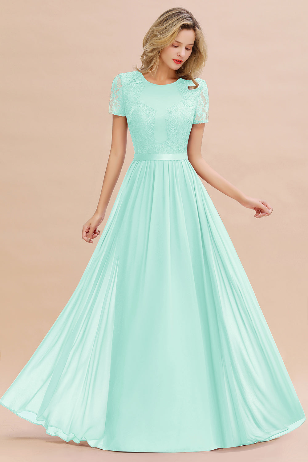 Chiffon Lace Scoop Short Sleeve Bridesmaid Dress