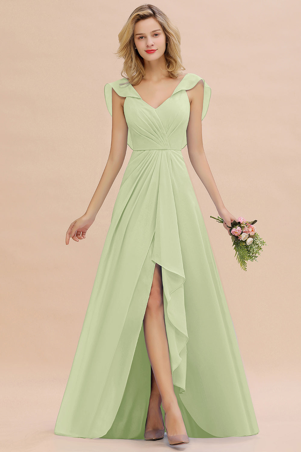 Simple High Low A-line V-Neck Ruffles Chiffon Bridesmaid Dress