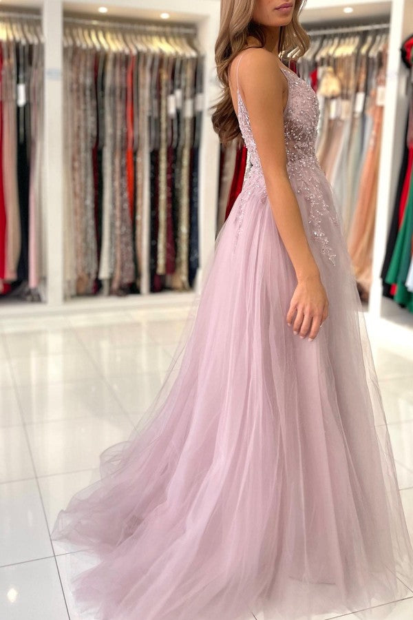 Long A-line V-neck Tulle Beaded Backless Prom Dress with Slit