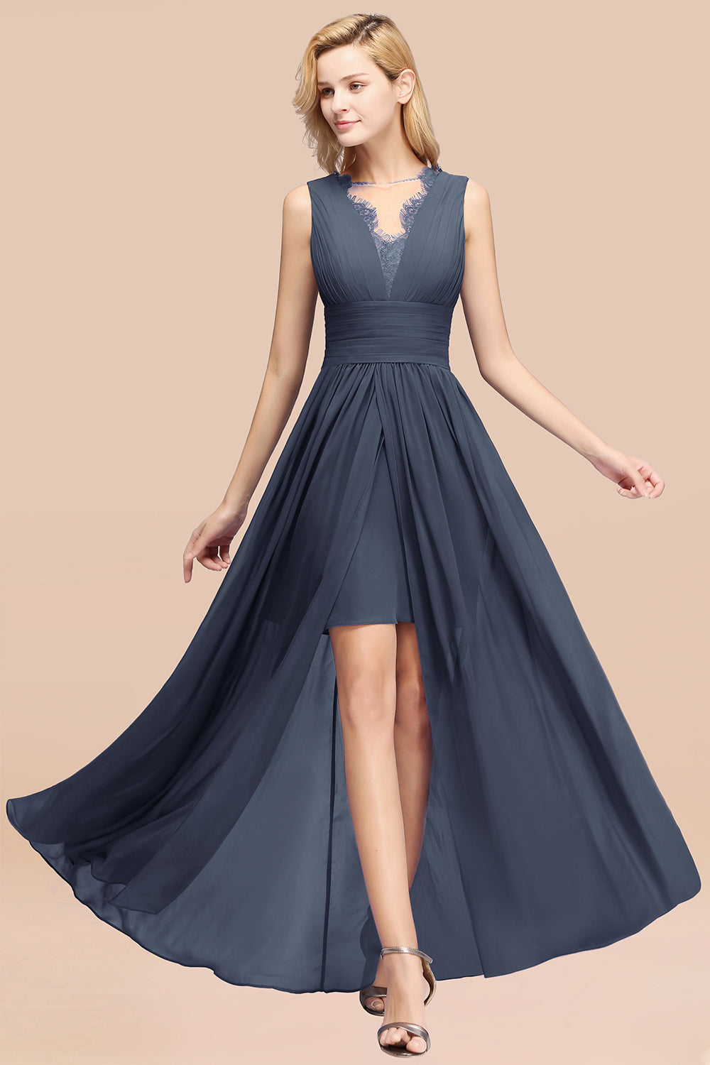 Lace Chiffon Jewel Sleeveless Ruffles Short Bridesmaid Dress