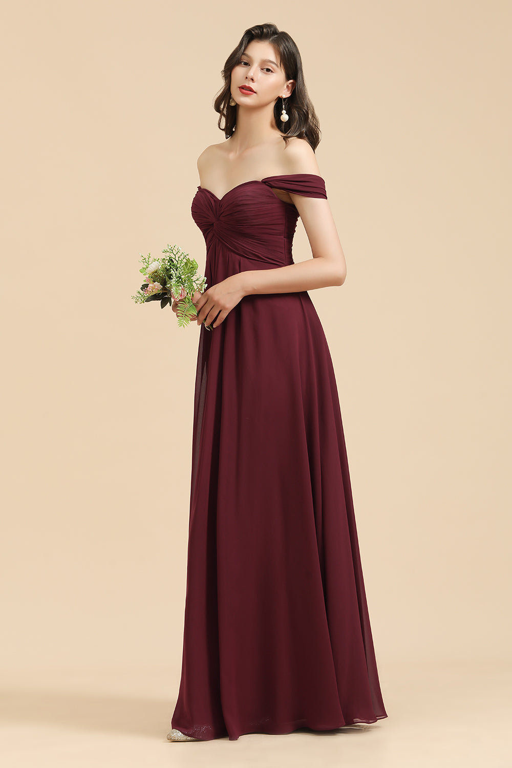 Burgundy Long A-line Off the Shoulder Chiffon Wedding Guest Dress