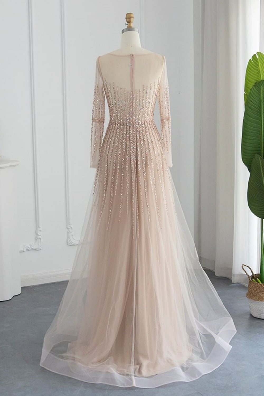 Long A-line Jewel Sequins Tulle Formal Prom Dresses with Sleeves