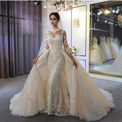 Gorgeous Long Mermaid Sweetheart Long Sleeve Appliques Lace Floor Length Wedding Dress