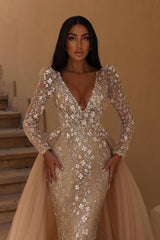 Gorgeous Long Sleeves Mermaid V-neck Wedding Dress with Detachable Tulle Train
