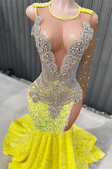 Yellow Long One Shoulder V-Neck Sequin Beaded Mermaid Prom Dress