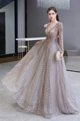 Long A-line V-neck Tulle Appliques Lace Formal Evening Dresses with Sleeves