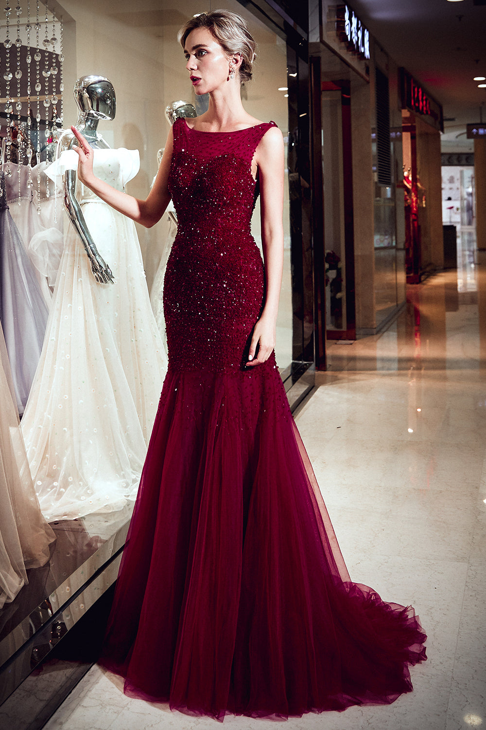 Mermaid Sleeveless Sequined Tulle Burgundy Long Evening Gowns