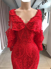 Long Mermaid V-neck Beading Lace Formal Evening Dresses with Sleeves