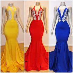 Long V-Neck Halter Mermaid Appliques Lace Prom Dresses