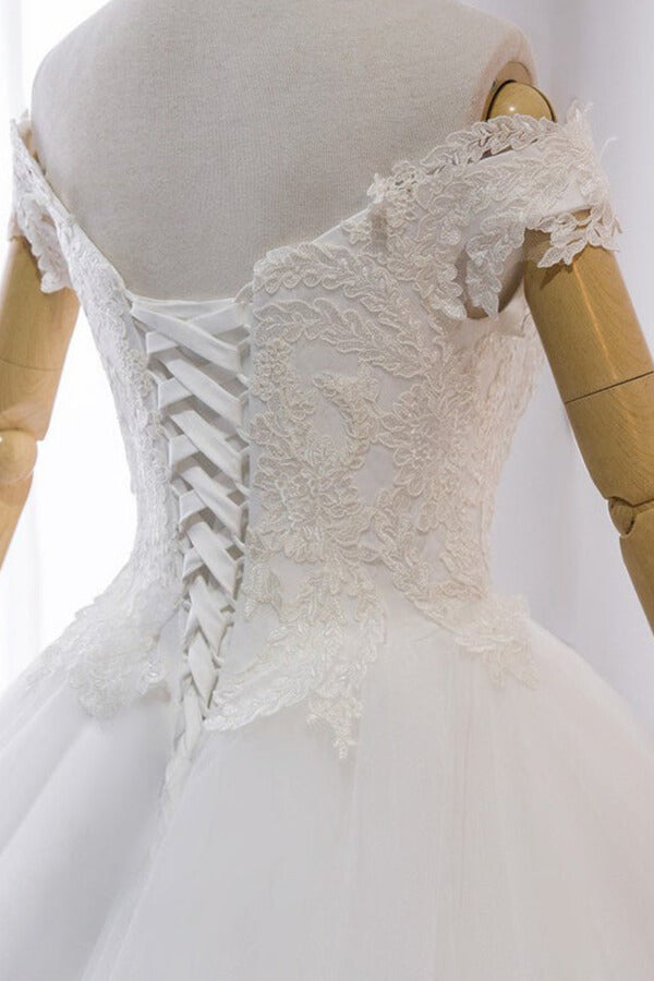 Amazing Long Off the Shoulder V-neck Lace Tulle Ball Gown Wedding Dress