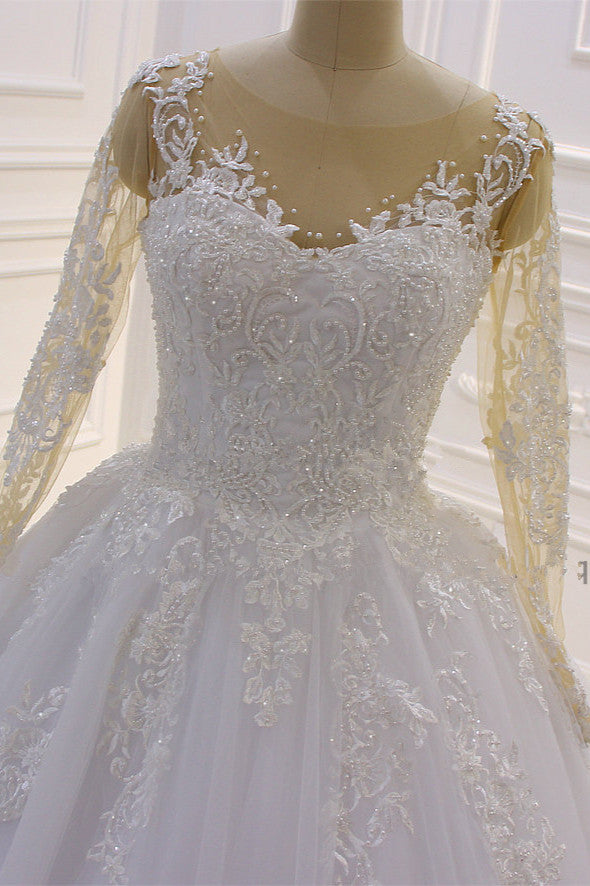 Gorgeous Bateau Long Sleeve Tulle Appliques Lace Ball Gown Wedding Dress