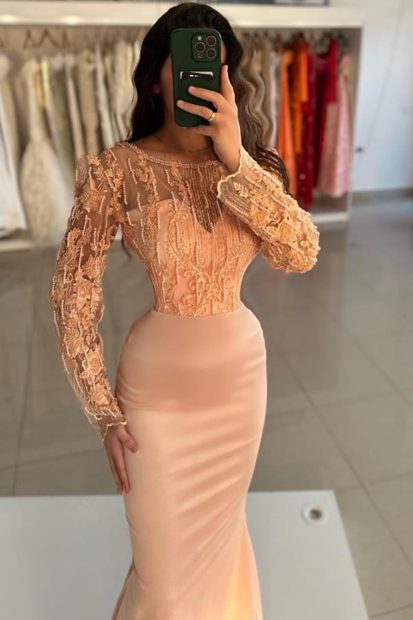 Long Sleeve Mermaid Lace Satin Formal Prom Dress with Train