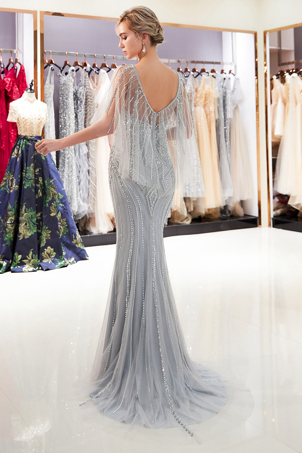 Chic Long Jewel Tulle Mermaid Backless Evening Formal Dresses with Sleeves