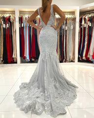 Long Mermaid V-neck Tulle Ruffles Lace Open Back Prom Dress