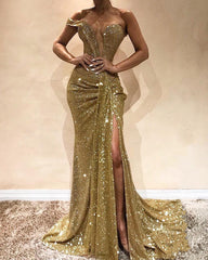 Sparkly Long Off the Shoulder Sequins Mermaid Prom Dress With Slit