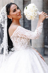 Ball Gown Off the Shoulder Sweetheart Satin Lace Long Wedding Dress with Sleeves