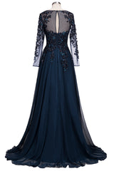 Long A-line Floor Length Tulle Lace Formal Evening Dresses with Sleeves