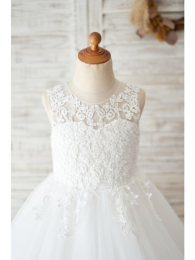 White Ball Gown Tulle Lace Birthday Flower Girl Dresses