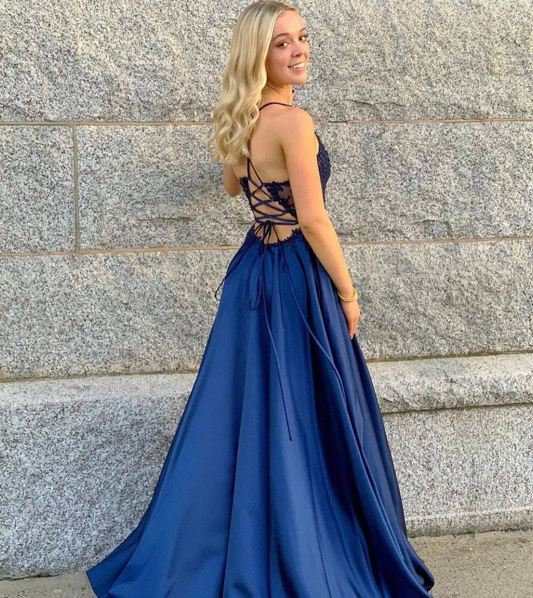 Long A-line V-neck Appliques Lace Ruffles Satin Prom Dress With Slit