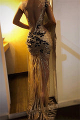 Long Mermaid One Shoulder Sequined Tulle Backless Prom Dress