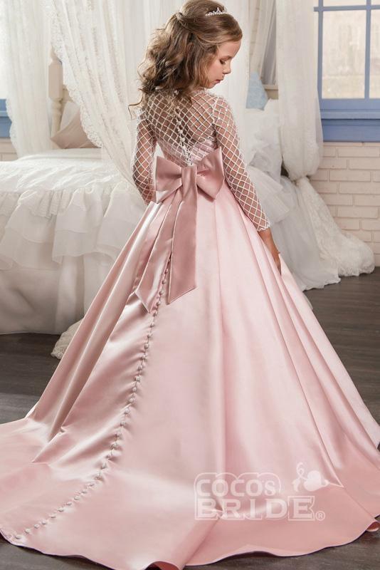 Scoop Neck Long Sleeves Ball Gown Flower Girl Dress with Pockets