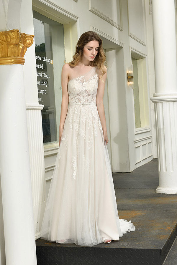 Chic Long One Shoulder Tulle Lace A-Line Wedding Dress