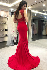 Red Long Sleeveless Beading Backless Floor Length Mermaid Prom Dress