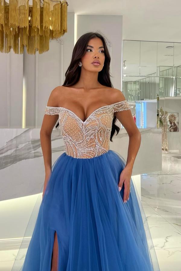 Long Off The Shoulder A-Line Tulle Prom Dress with Split Front