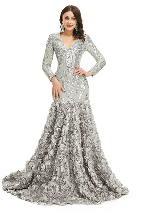 Charming Long Mermaid V-neck Satin Lace Formal Dress with Sleeves