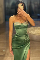 Elegant Long Sweetheart Satin Mermaid High Split Prom Dresses