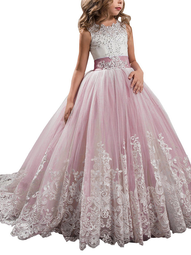 Long Ball Gown Tulle Lace Jewel Neck Pageant Flower Girl Dresses With Bow(S)