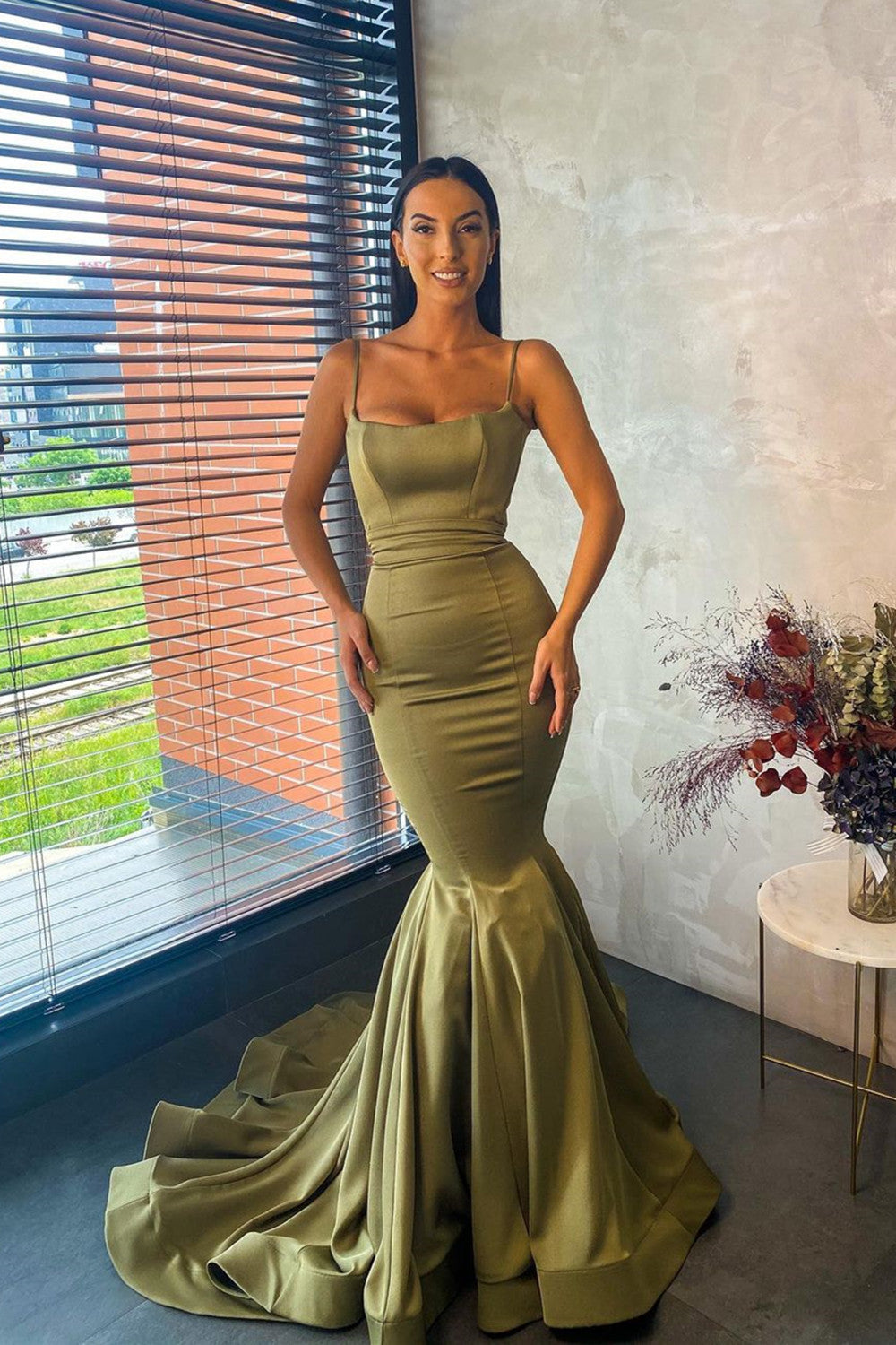 Long Satin Spaghetti Straps Floor Length Mermaid Prom Dress With Ruffles