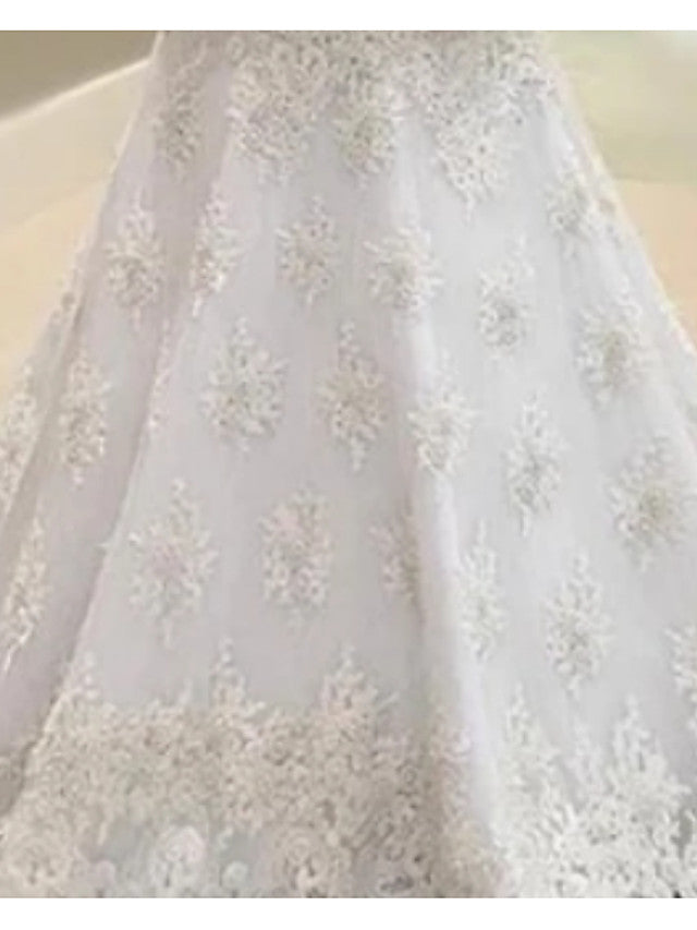 Long Mermaid Sweetheart Court Train Lace Tulle Wedding Dresses with Sleeves