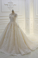 Long Sleeve Beading Bateau Appliques Lace Ball Gown Wedding Dress