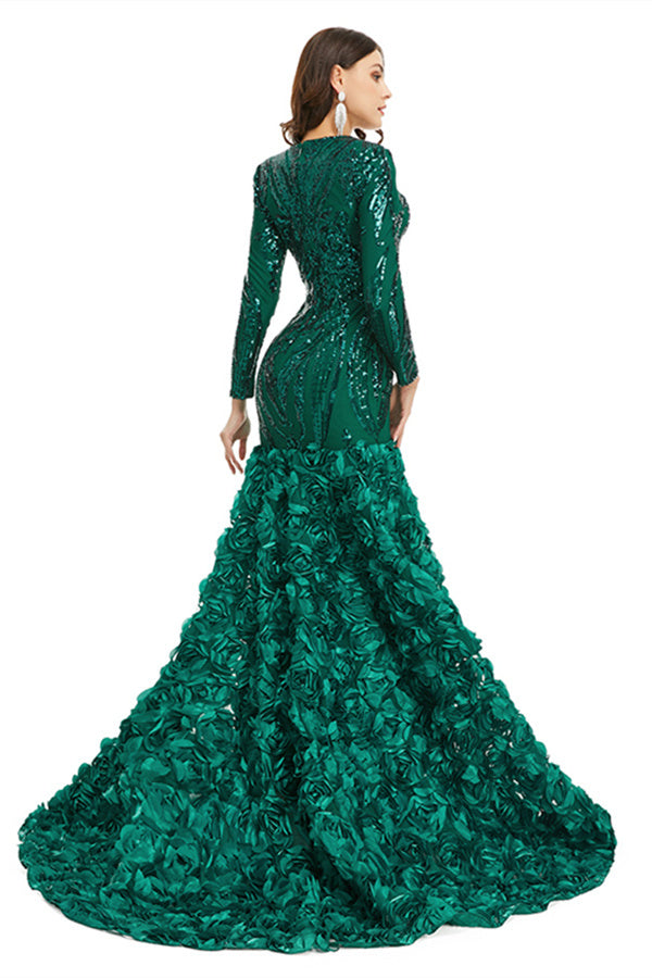 Charming Long Mermaid V-neck Satin Lace Formal Dress with Sleeves