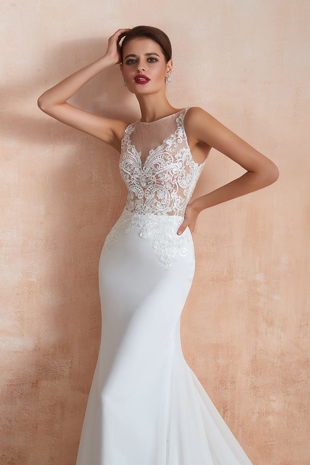 Chic Long Applique Lace Satin Tulle Mermaid Wedding Dress