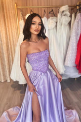 Long Strapless A-Line Beaded Satin Prom Dress with Slit