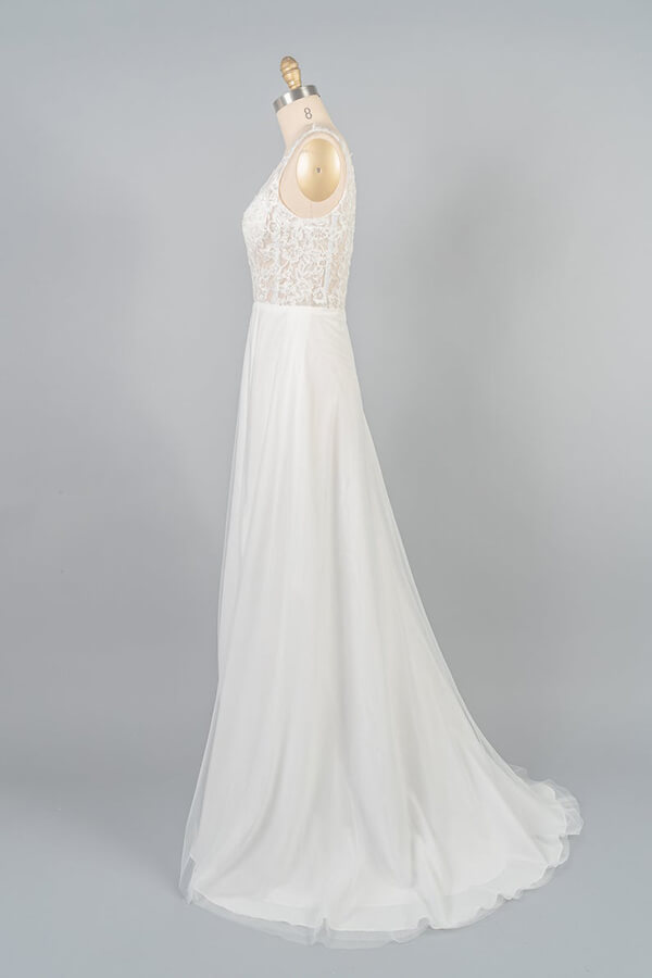 Long V-neck Appliques Lace Tulle A-line Wedding Dress with Slit