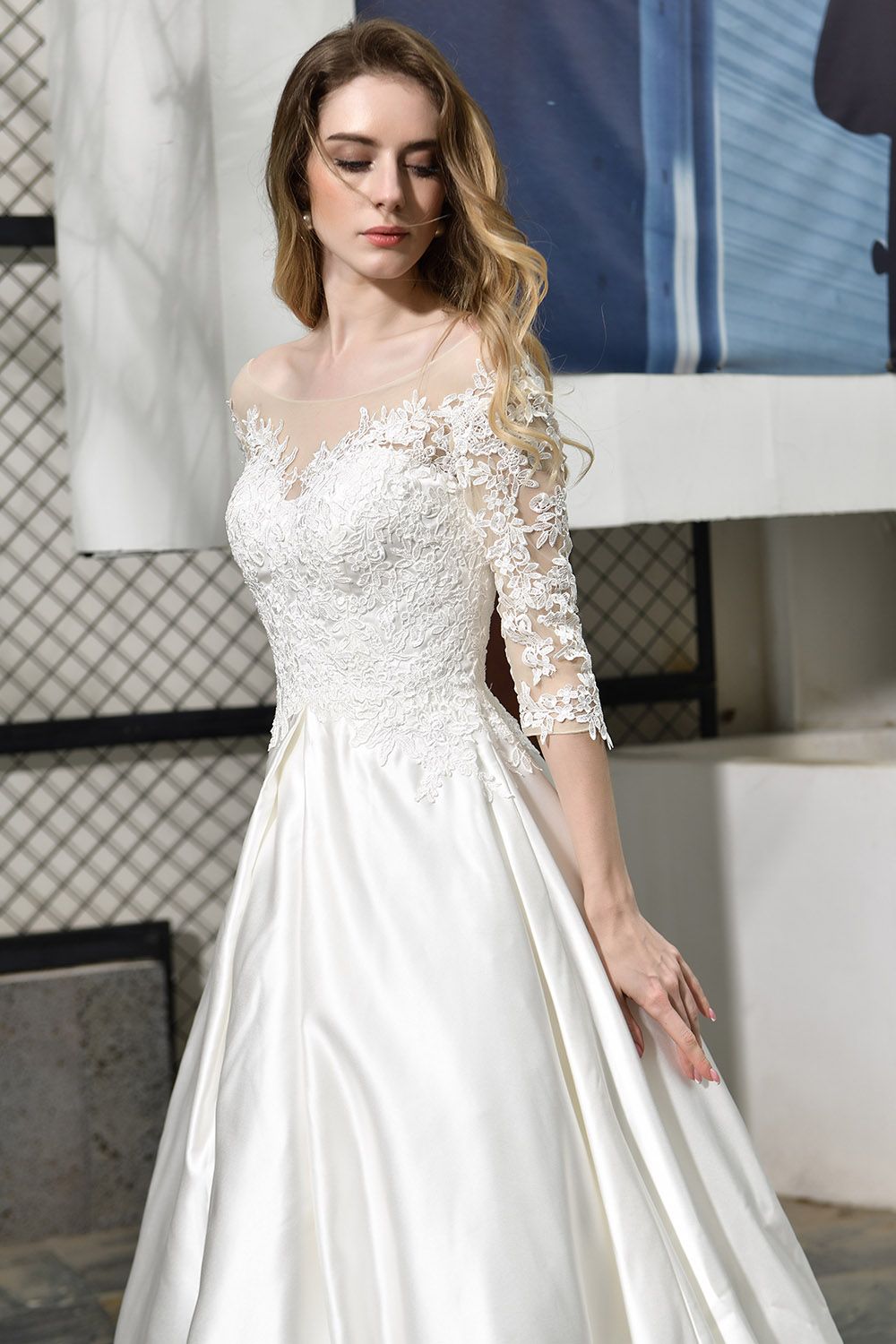 Long A-line Sweetheart Satin Lace Wedding Dresses with Half Sleeves
