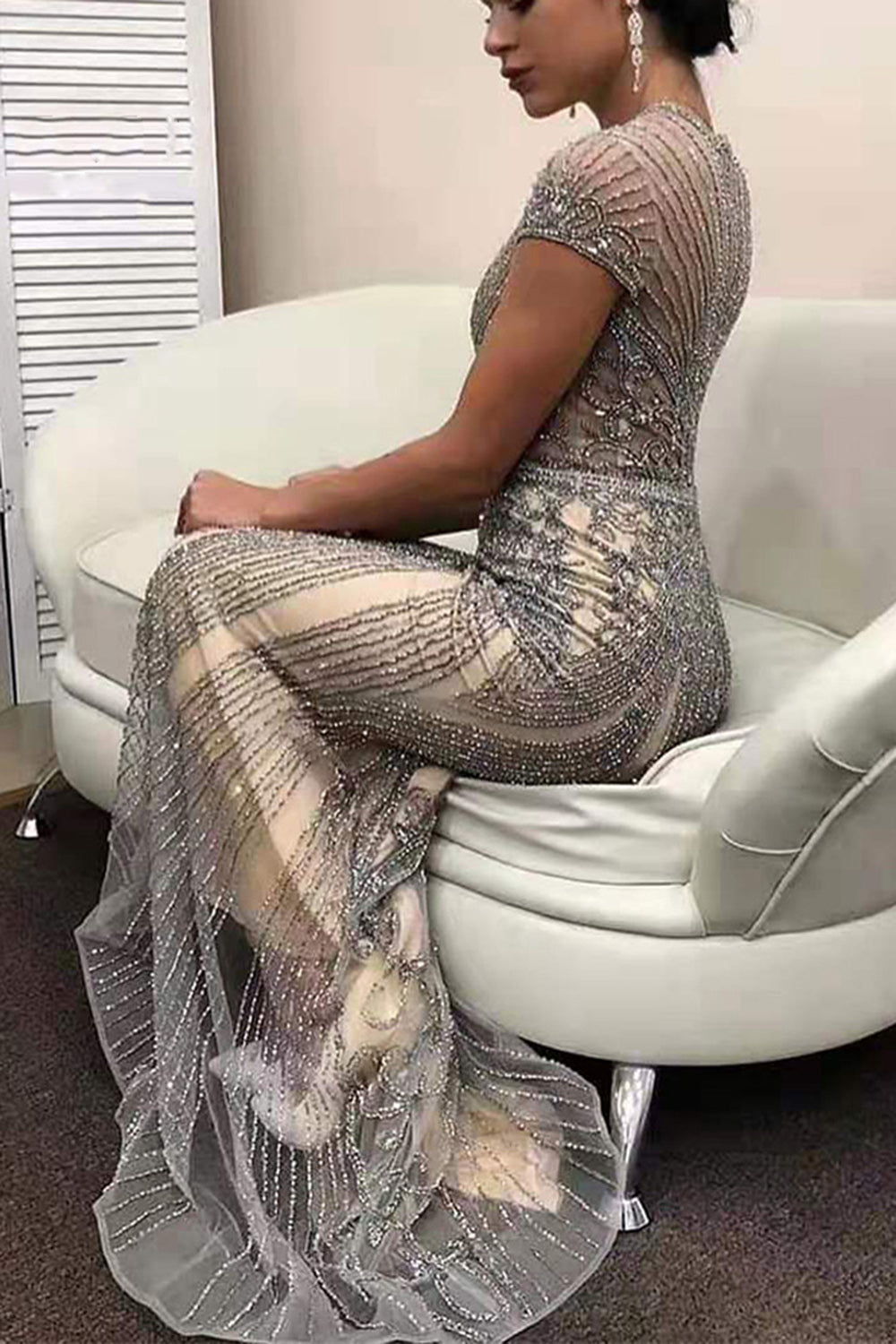 Long Mermaid Jewel Satin Beads Formal Evening Dresses