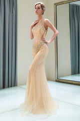 Long Jewel Tulle Beaded Mermaid Formal Evening Dresses