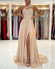 Simple Long A-line Chiffon One Shoulder Front Slit Prom Dress