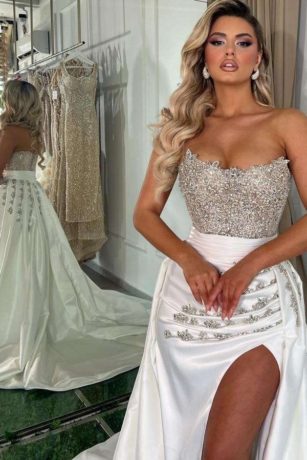 Long White Mermaid Sweetheart Satin Beading Prom Dresses with Split