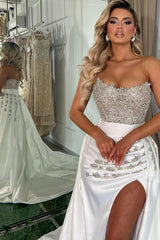 Long White Mermaid Sweetheart Satin Beading Prom Dresses with Split