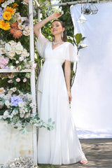 Long A-line V-neck Chiffon Wedding Dresses with Sleeves